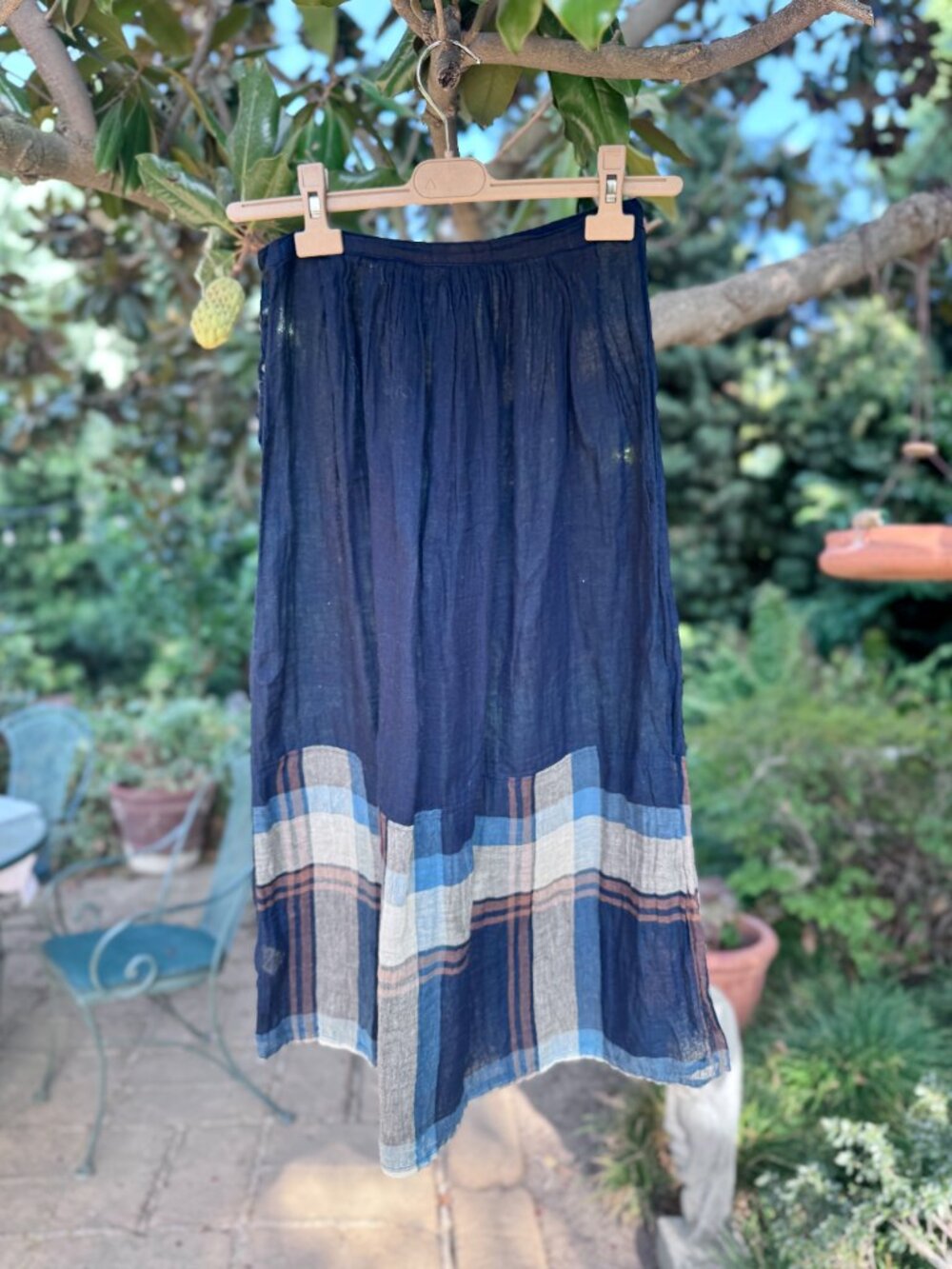 45R 45rpm Studio Indigo Dyed Cotton Midi Skirt Plaid Block Hem Japan Sz 2 S M